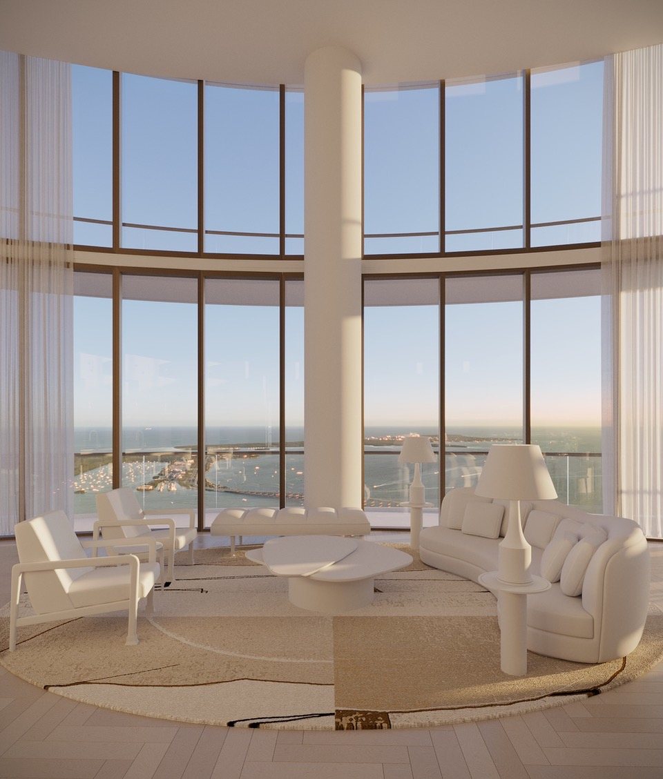 Cipriani Residences Miami, penthouse living room behind the curved glass