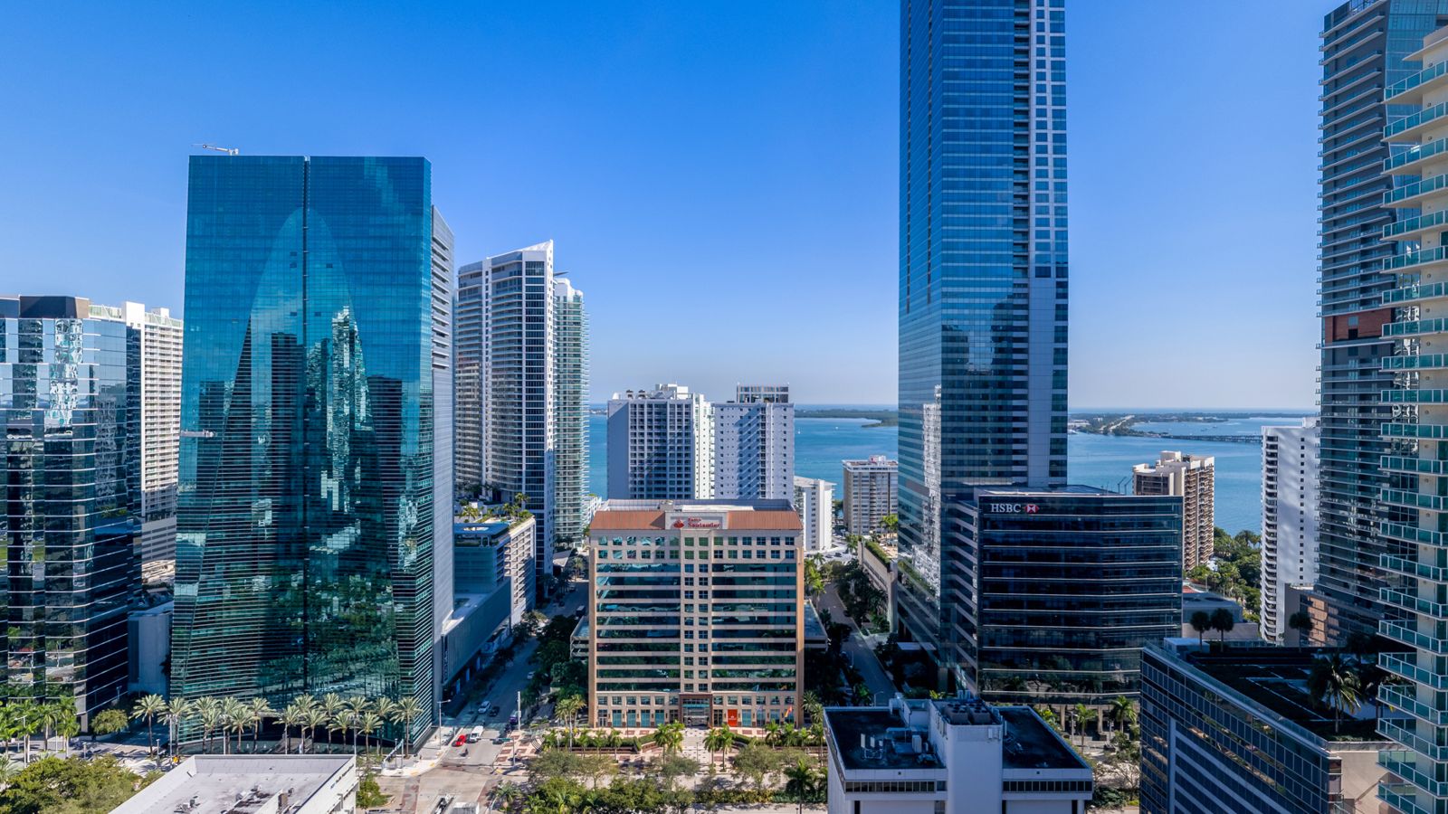 Cipriani Residences Miami, view east over the Brickell Avenue towers toward Biscayne Bay from about 250 feet, near the 23rd floor, photographed from the site