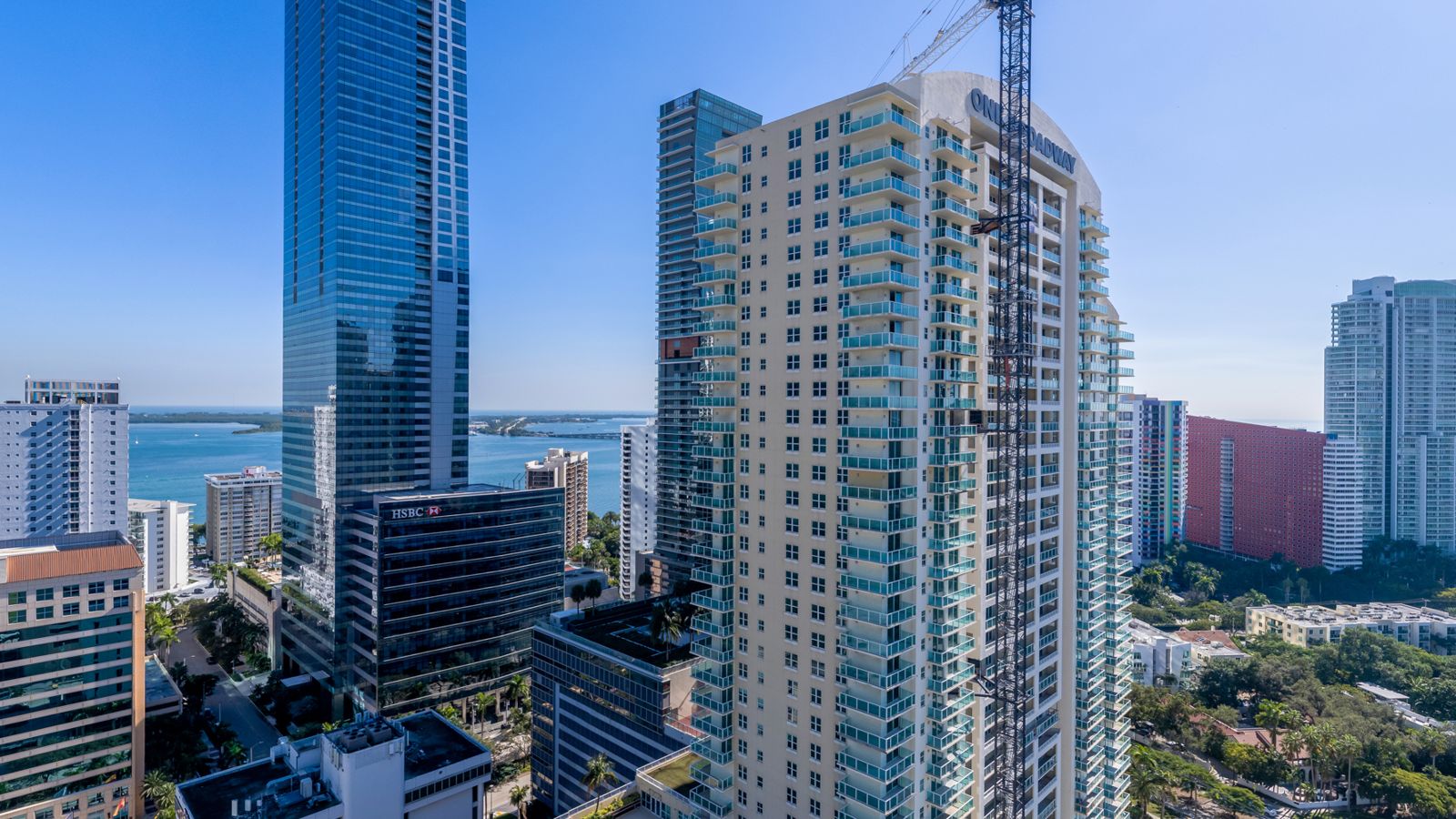 Cipriani Residences Miami, view southeast toward the bay and Key Biscayne from about 250 feet, near the 23rd floor, photographed from the site