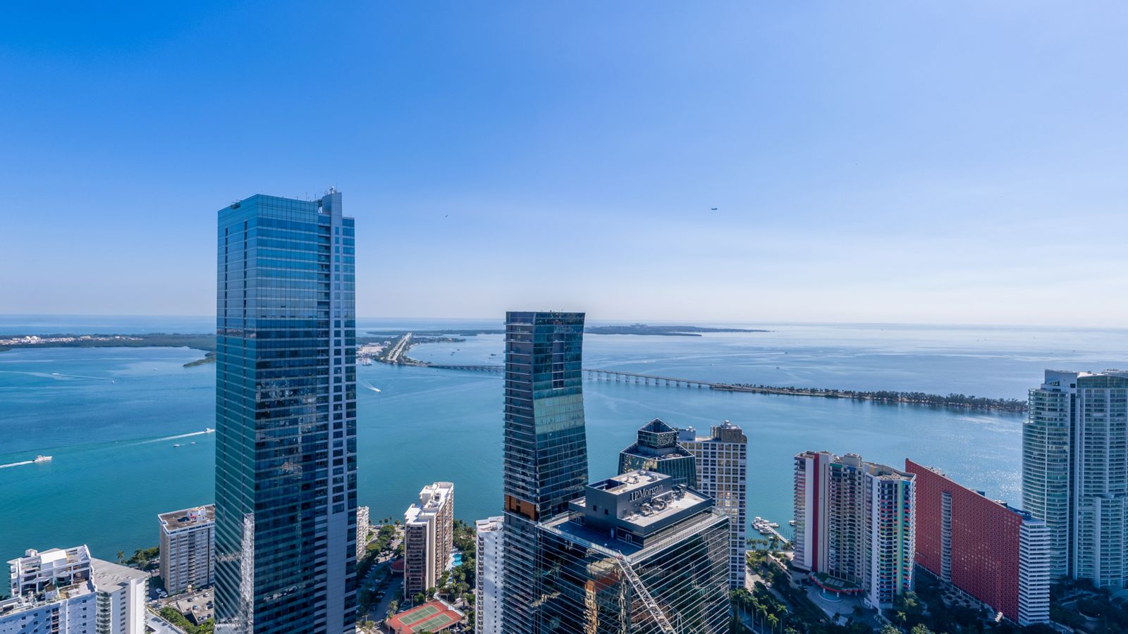 Cipriani Residences Miami, view southeast toward the bay and Key Biscayne from about 600 feet, near the 55th floor, photographed from the site